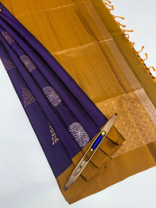 Roopkala pure mix softsilk saree - violet color body & mustard color pallu , blouse