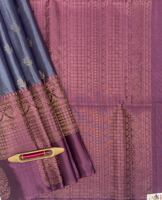 Ravik bluish grey color body & pink with black color pallu , blouse - Pure silk saree