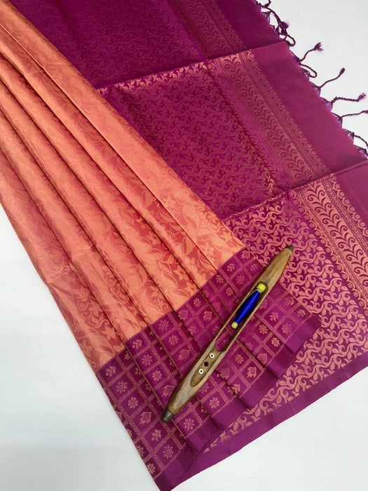 Miela- peach with pink color body & magenta color pallu , blouse pure silk saree