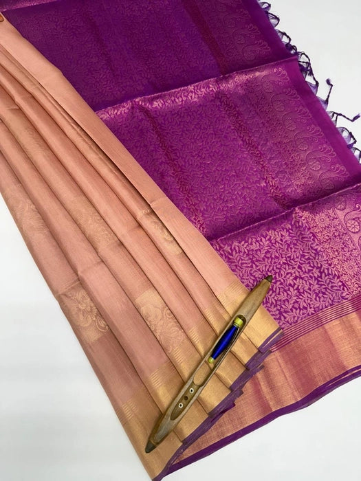 Thamira chocolate brown color body & violet color pallu , blouse - Pure silk saree