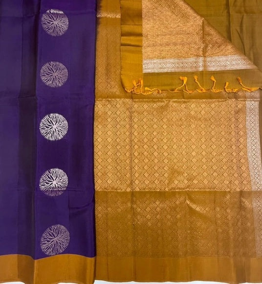 Roopkala pure mix softsilk saree - violet color body & mustard color pallu , blouse