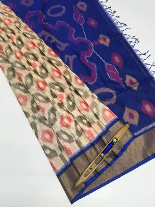 Vennir pochampally silk cotton sarees half white color body & ink blue color pallu , blouse.