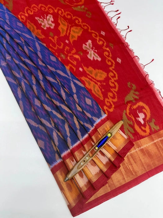 Indra pochampally silk cotton saree - ink blue color body & red color pallu , blouse.
