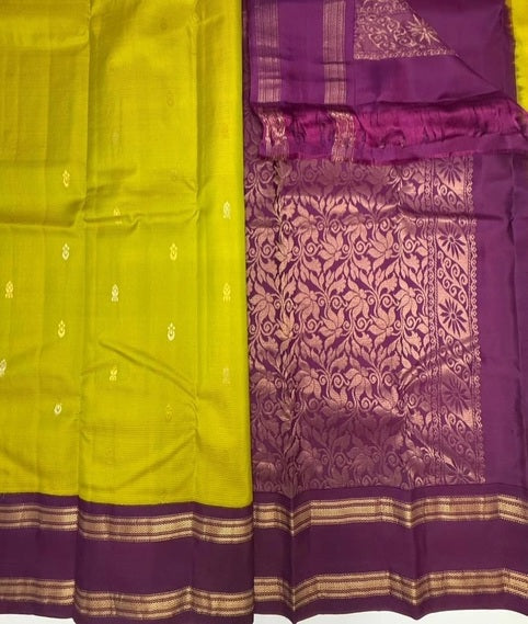 Suhani yellow with green color body & dark purple color pallu,blouse - Pure silk saree