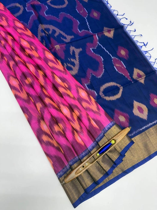 Ponrani pochampally silk cotton saree - rani pink color body & navy blue color pallu , blouse.