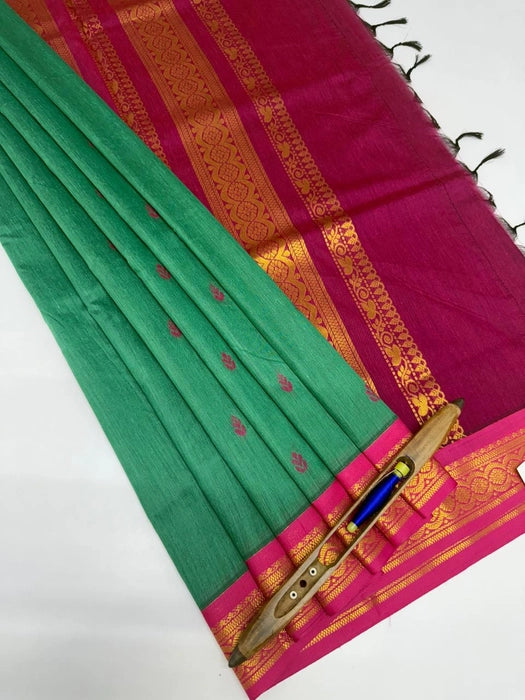 Tulasi cotton saree - green color body & purple color pallu,blouse.