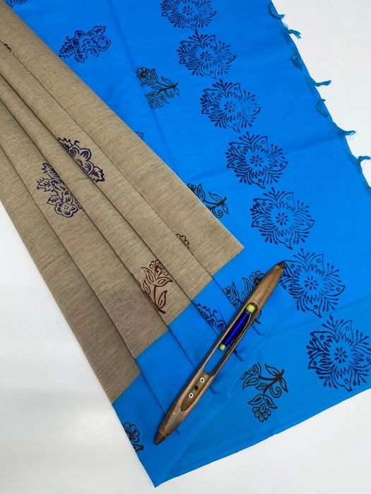 Lithika cotton saree - beige color body & blue color pallu,blouse.