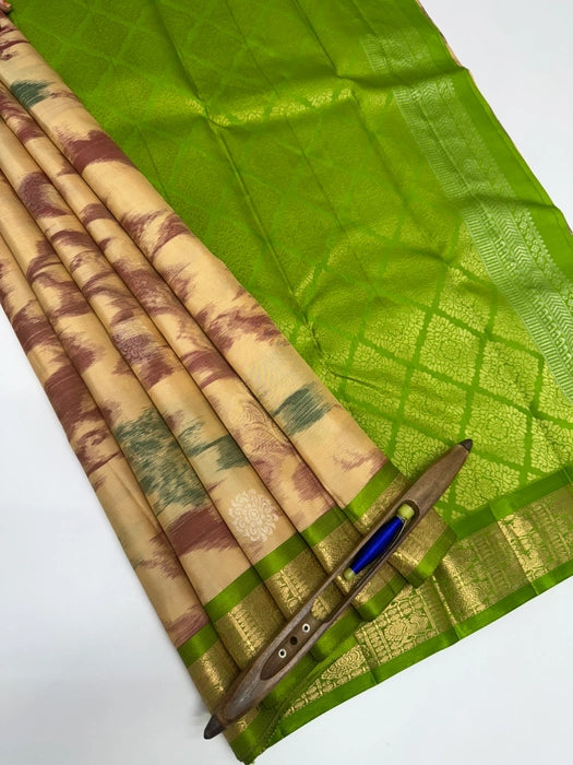 Sandhanam sandal color body & parrot green color pallu , blouse - Pure silk saree