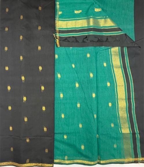 Minnerva cotton saree - black color body & peacock green color pallu,blouse.