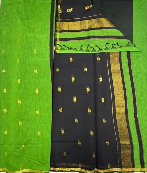Minnerva cotton saree - green color body & black color pallu,blouse.