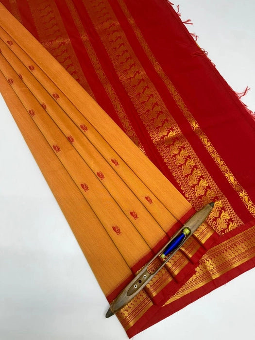 Kana cotton saree - red with sandal color body & red color pallu,blouse.