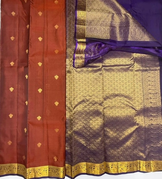 Kanvan pure mix softsilk saree - honey brown color body & violet color pallu , blouse
