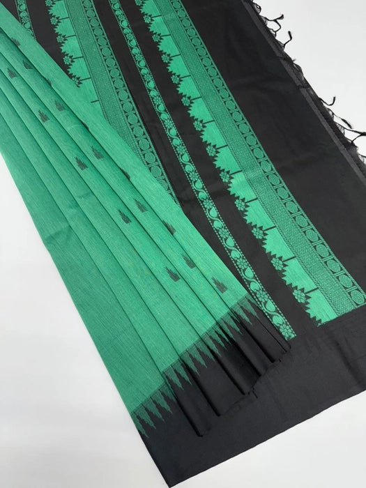 Kaveri cotton saree - green color body & black color pallu,blouse.