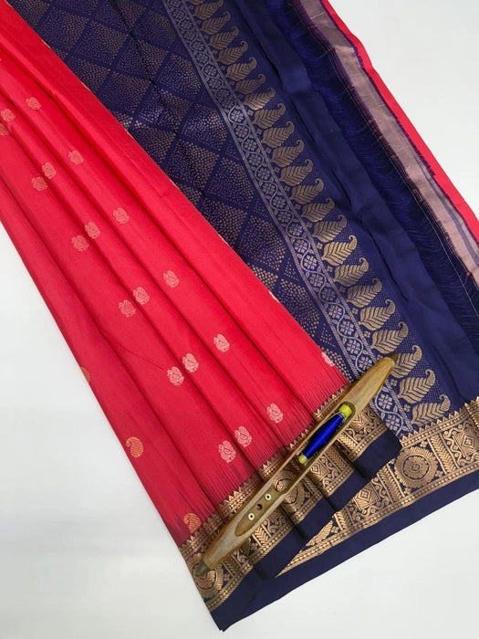 Shambavi sdark pink color body & navy blue color pallu,blouse - Pure silk saree
