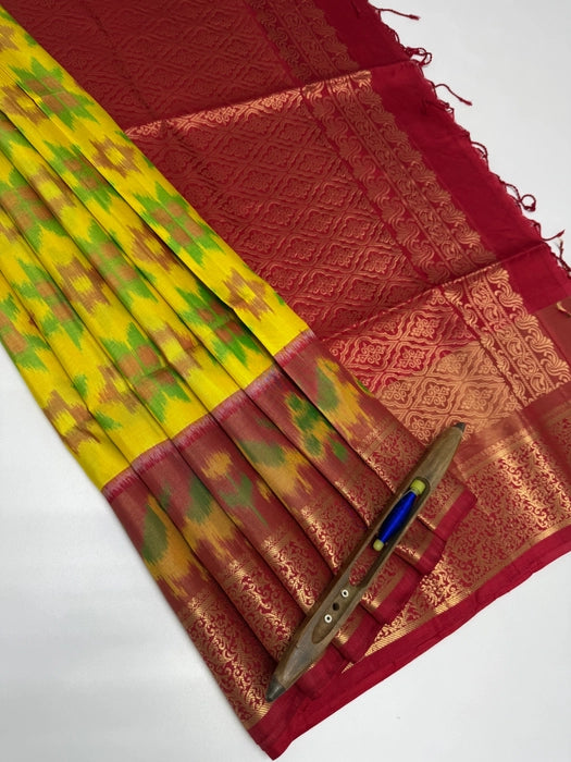 Venpoo yellow color body & red color pallu , blouse - Pure silk saree