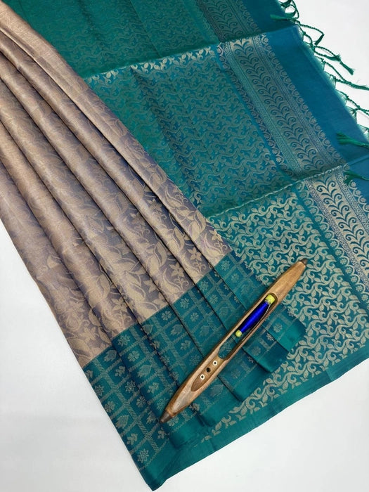 Dhevi grey with green color body & bluish green color pallu , blouse pure silk saree