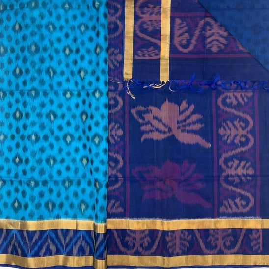 Nilaya pochampally silk cotton saree - copper sulphate blue color body & ink blue color pallu , blouse.