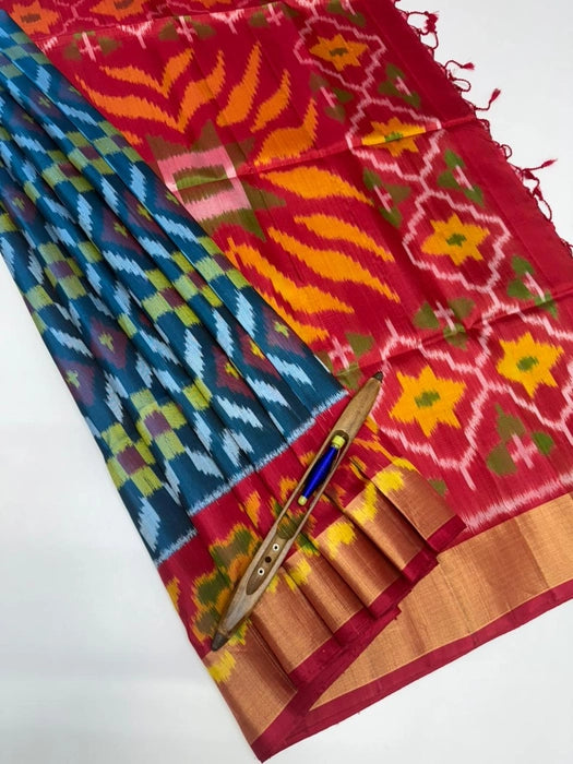 IlamNeelam peacock blue color body & dark red color pallu , blouse - Pure silk saree