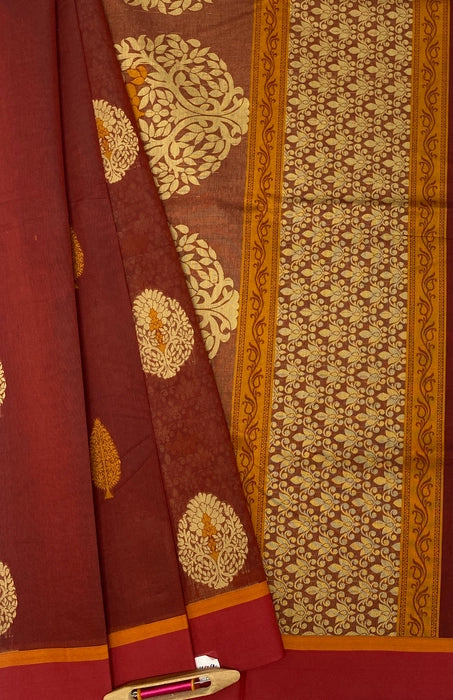 Sengal cotton saree - brick red color body, pallu,blouse.