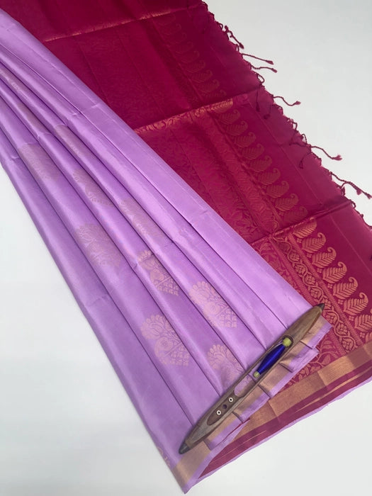 Melloli handloom softsilk saree - lavender color body & dusky pink pallu , blouse pure silk saree