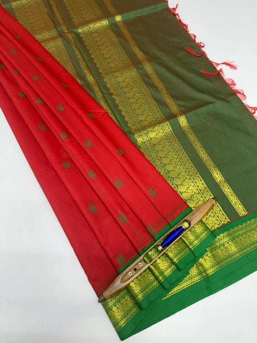 Manjam cotton saree - red color body & green with red color pallu,blouse.
