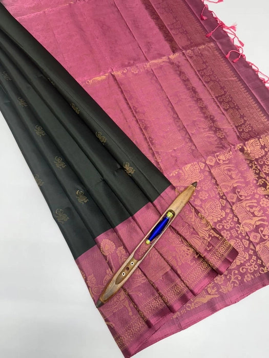 Pallaku softislk saree - dark bottle green color body & dusky pink color pallu , blouse - Pure silk saree