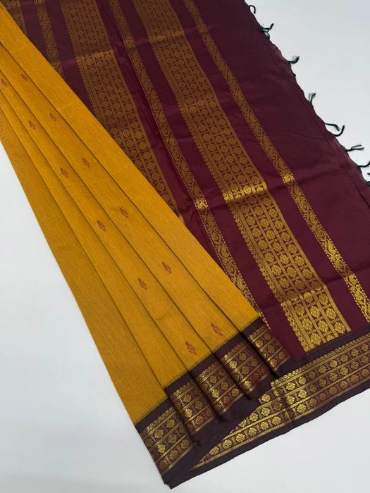 Suvarna cotton saree - mustard yellow color body & dark maroon color pallu,blouse.