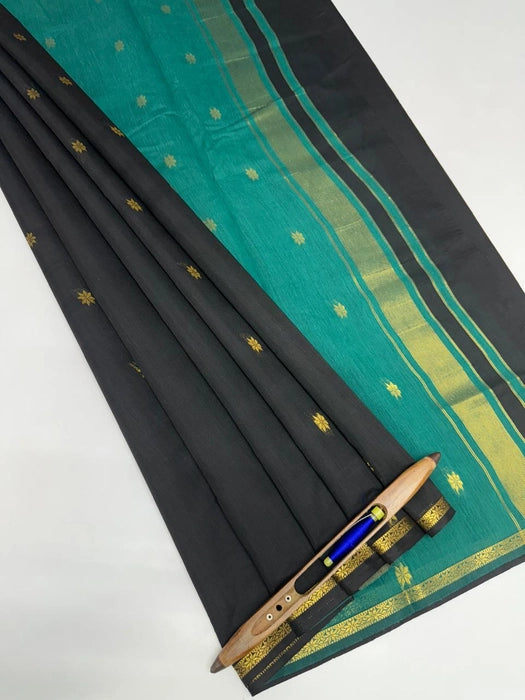 Minnerva cotton saree - black color body & peacock green color pallu,blouse.