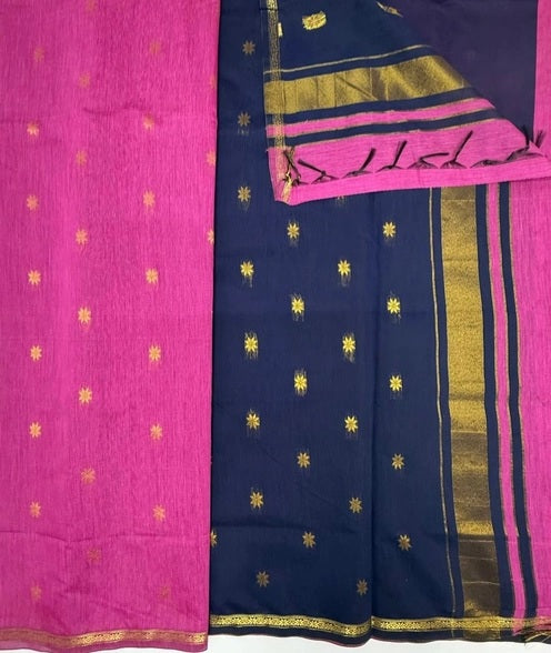 Minnerva cotton saree - rani pink color body & navy blue color pallu,blouse.