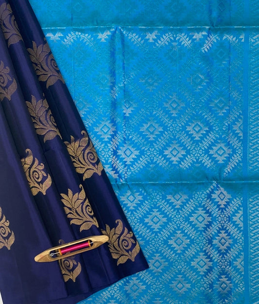 Kayal navy blue color body & bluish green pallu , blouse pure silk saree