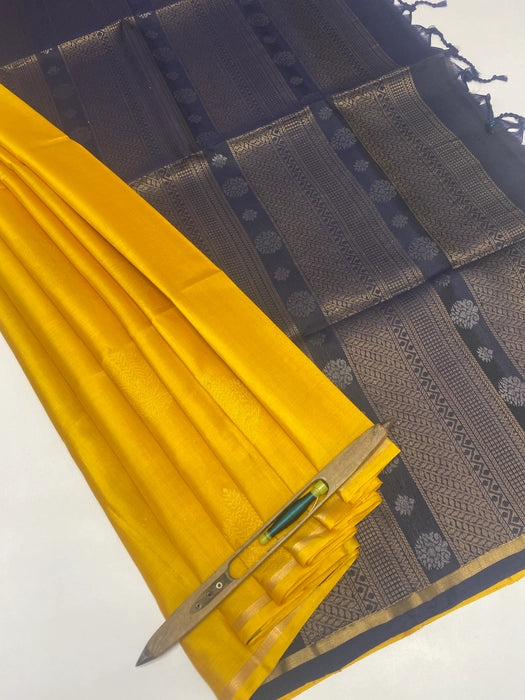 Manga mango yellow color body & navy blue color pallu , blouse - Pure silk saree