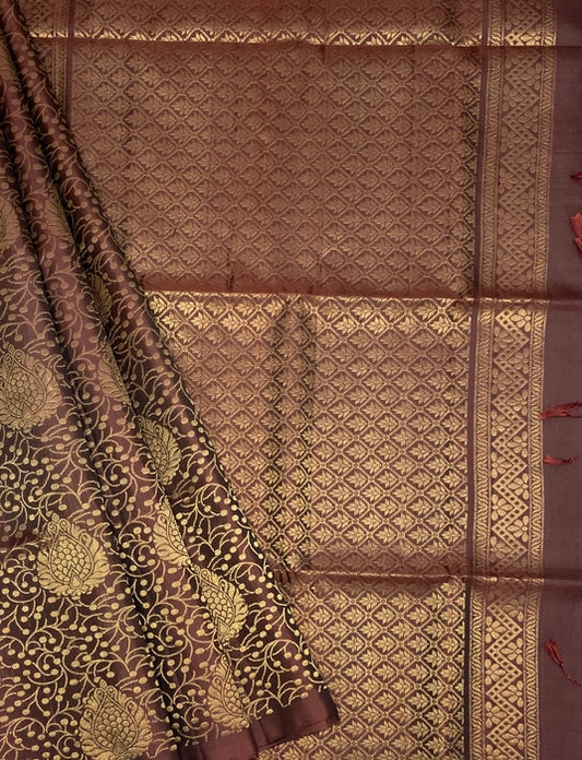 Poonam coffee brown color body, pallu , blouse pure silk saree