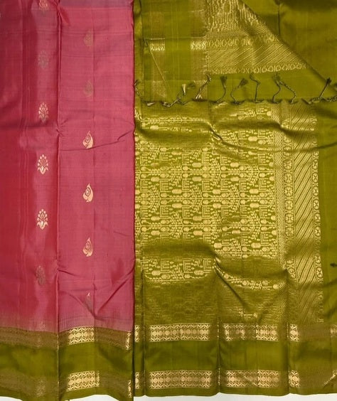 Ishavi pink color body & mehandi green color pallu,blouse - Pure silk saree