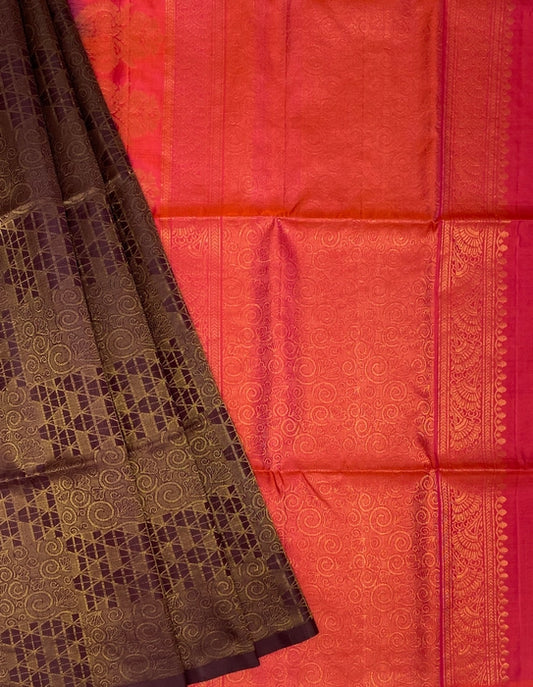 Charu coffee brown color body & pinkish orange color pallu , blouse pure silk saree