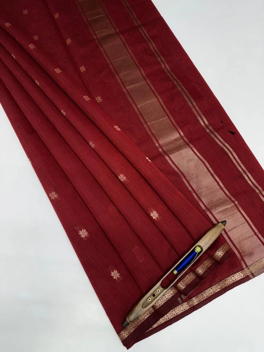 Minnerva cotton saree  maroon color body, pallu,blouse