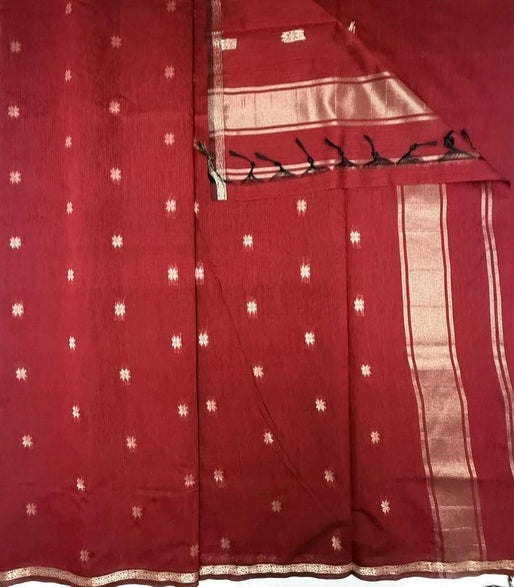 Minnerva cotton saree  maroon color body, pallu,blouse
