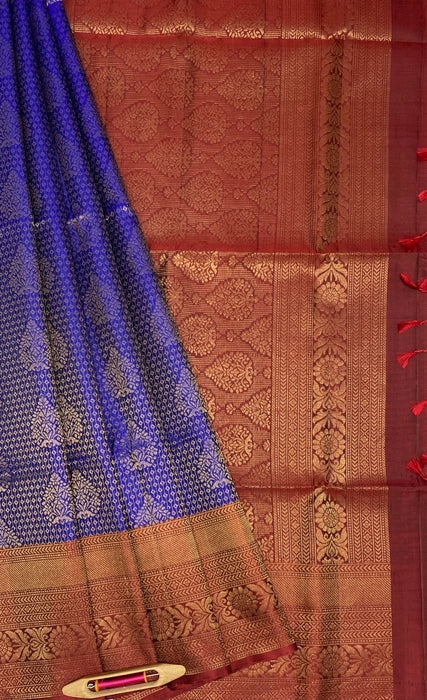 Chitra royal blue color body & maroon color pallu , blouse pure silk saree