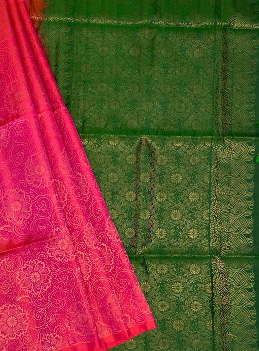 Ovi pink color body & leaf green color pallu , blouse pure silk saree