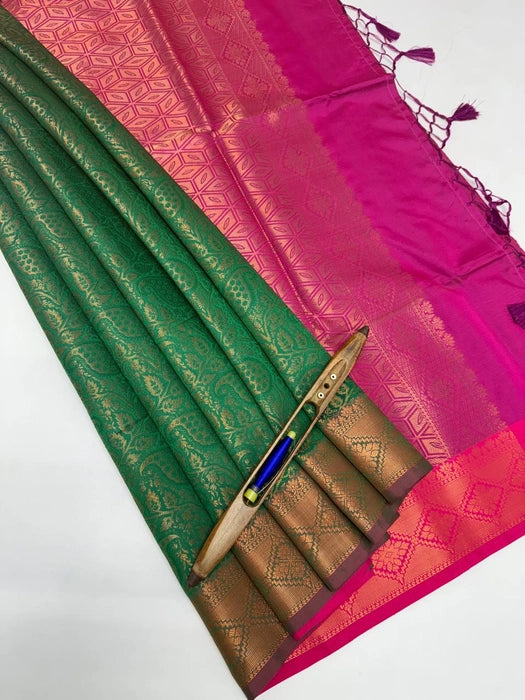 Kaash art silk saree - green color body & magenta color pallu , blouse.