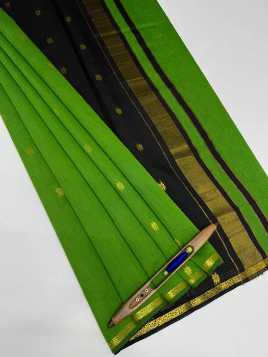 Minnerva cotton saree - green color body & black color pallu,blouse.
