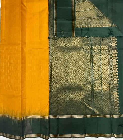 Tejasvi lemon yellow color body & bottle green color pallu , blouse - Pure silk saree