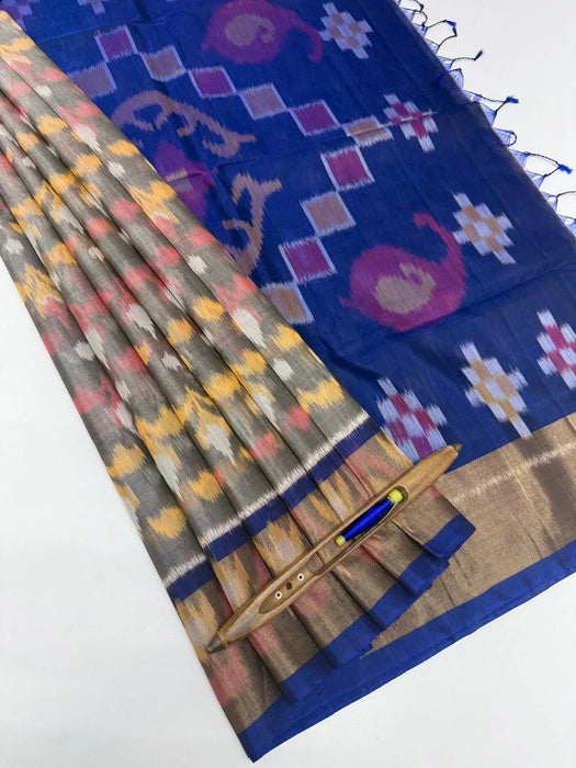 Silambu pochampally silk cotton grey color body & ink blue color pallu , blouse.