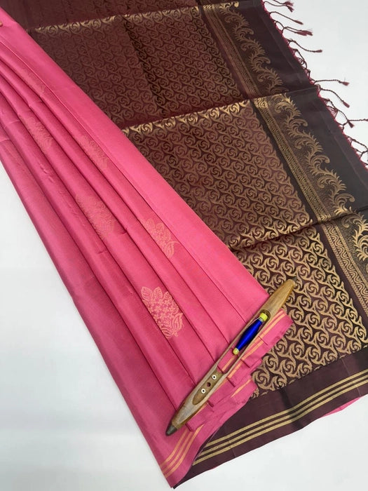 Roja pink color body & coffee brown color pallu , blouse - Pure silk saree