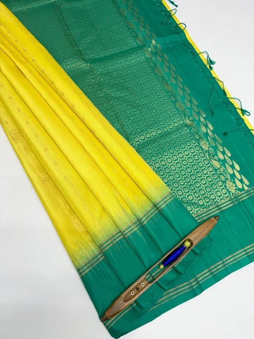 Ezhil light lemon yellow color body & teal green color pallu , blouse - Pure silk saree