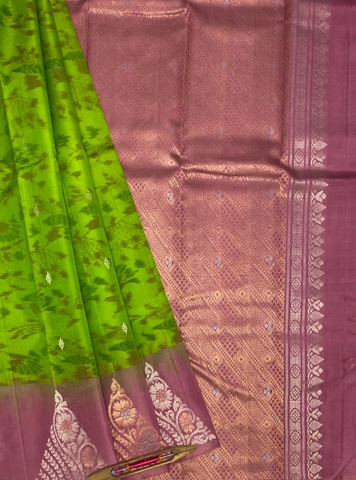 Maragatham parrot green color body & pink color pallu , blouse - Pure silk saree