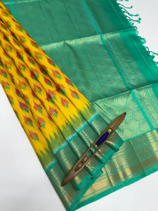 Ponnoli bright yellow color body & rexona green color pallu , blouse - Pure silk saree