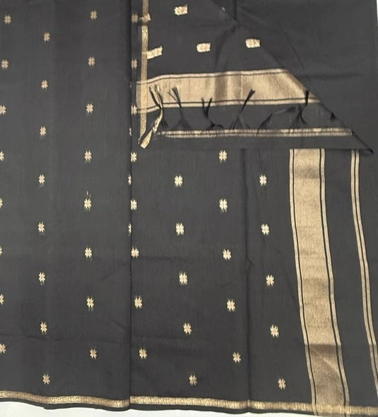 Minnerva cotton saree - black color body, pallu,blouse.
