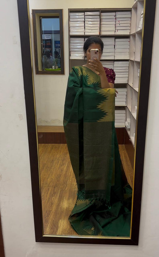 Vanam bottle green temple border softsilk saree - Pure silk saree