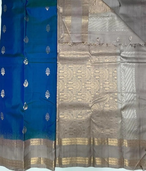 Kaveri dual blue color body & grey color pallu,blouse - Pure silk saree