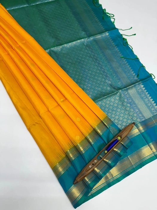 Manjal Neelam mango yellow color body & bluish green color pallu,blouse - Pure silk saree